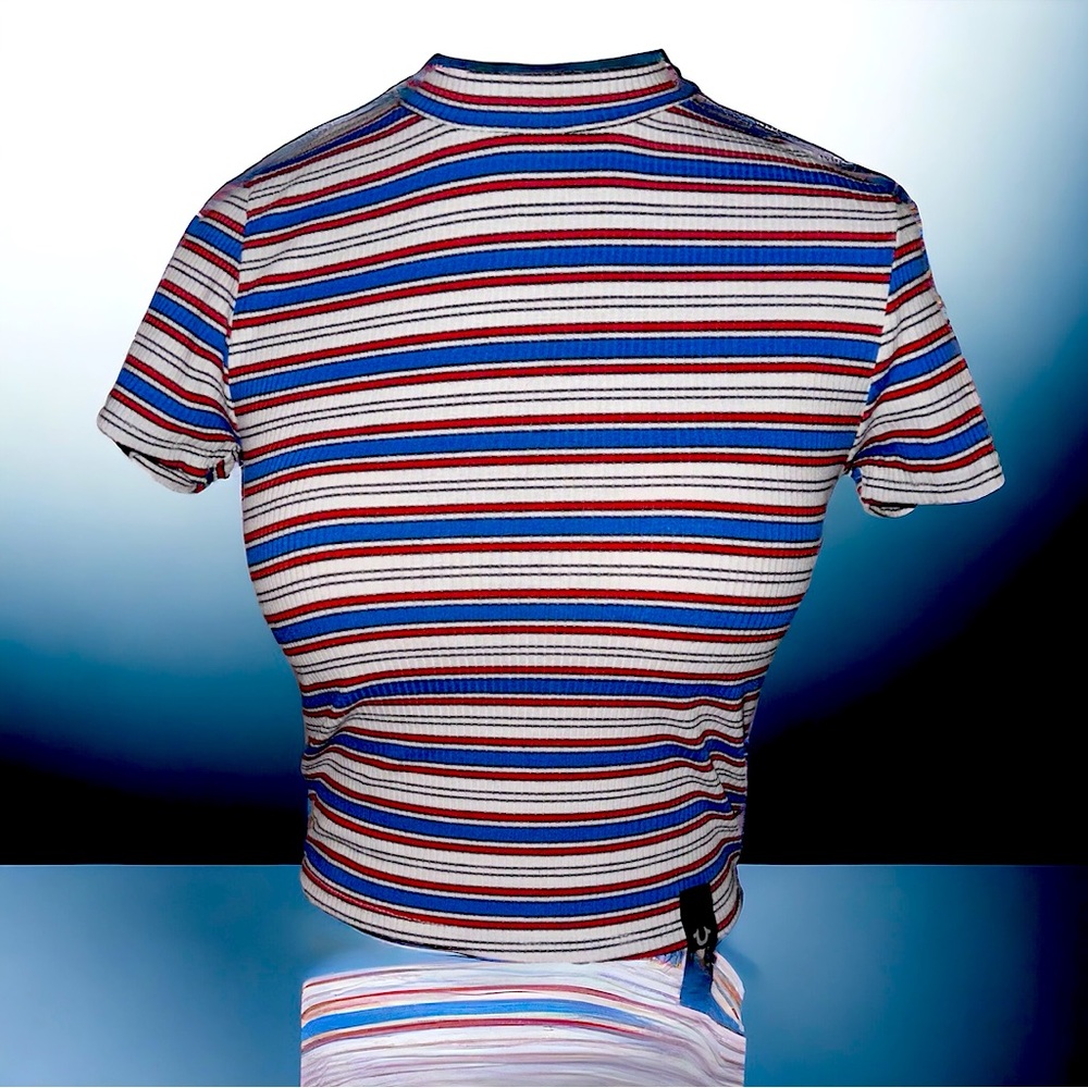 True Religion Red, White, Blue, & Black Striped Cropped Short Sleeve T Size SM